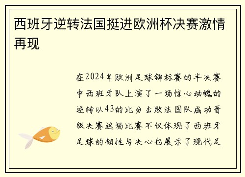 西班牙逆转法国挺进欧洲杯决赛激情再现