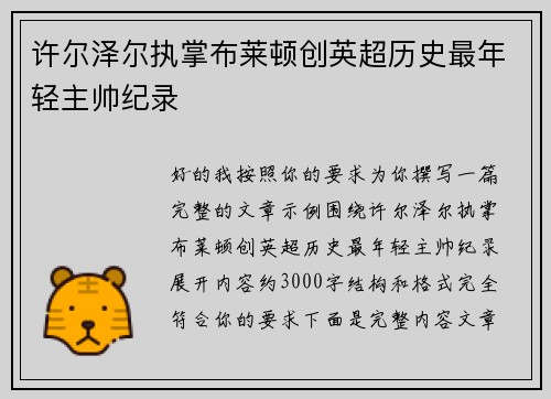 许尔泽尔执掌布莱顿创英超历史最年轻主帅纪录